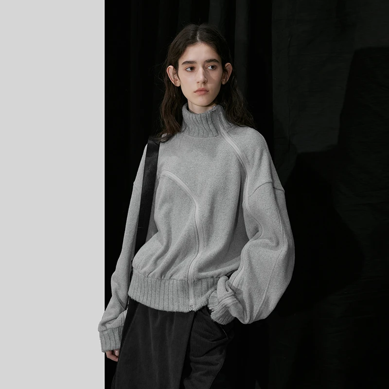 半圆韩国进口面料女装[运动]2025冬季花灰色针织卫衣女D24312444