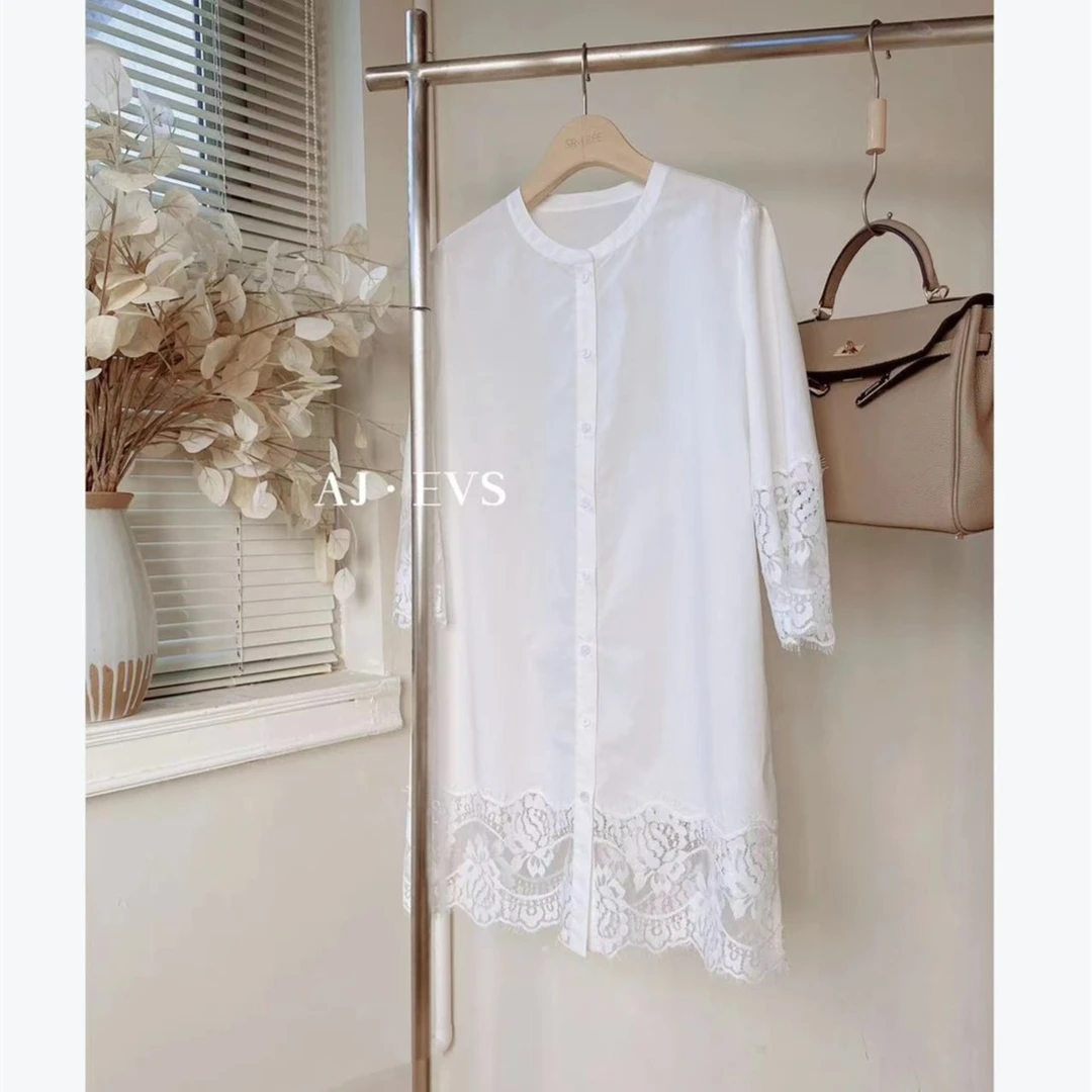 2 AJ · EVS【法国进口蕾丝拼接高支棉中长款衬衫】