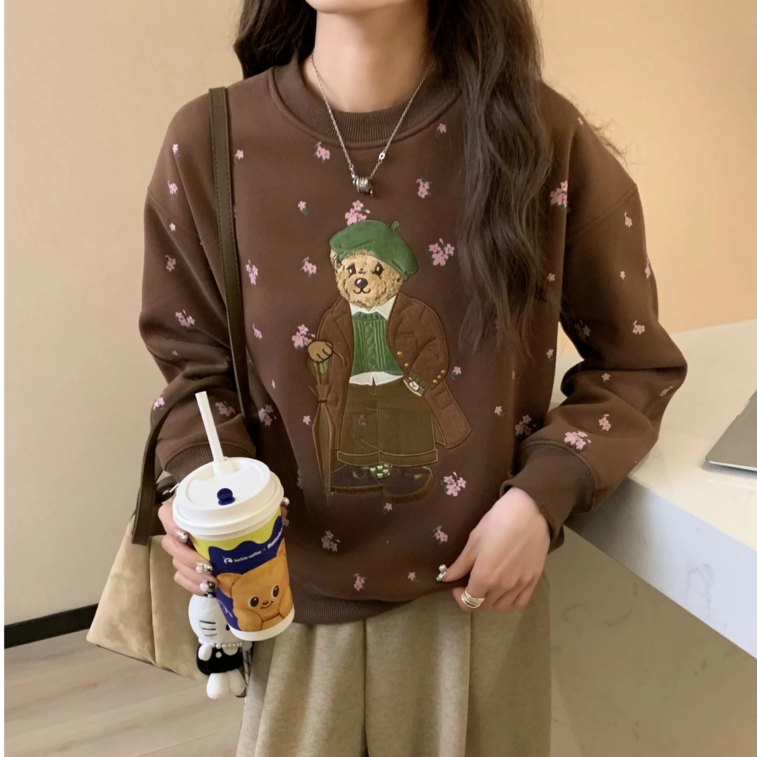 满印小花花小熊刺绣卫衣加绒加厚圆领刺绣宽松卡通韩版减龄