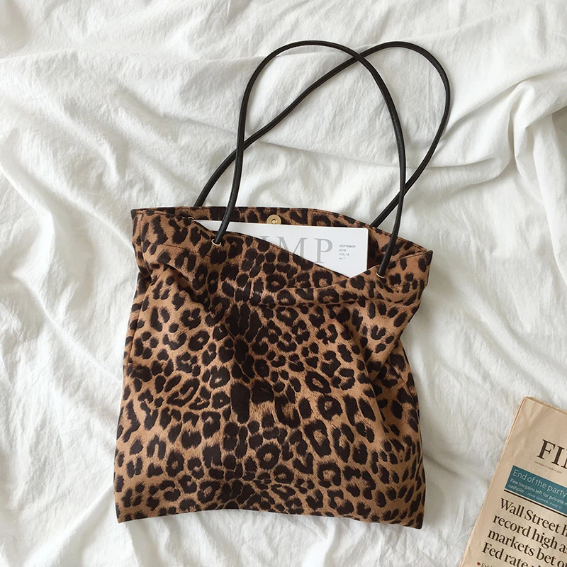 韩版绒布豹纹购物袋大容量休闲百搭单肩包复古印花帆布袋托特包