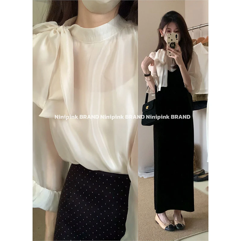 0240庄不腻秋冬新款【茉莉】气质蝴蝶结飘带衬衫女别致宽松通勤上衣