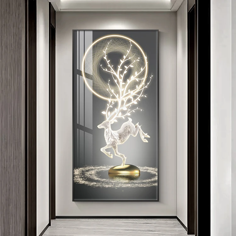 现代轻奢玄关装饰画大幅麋鹿走廊尽头壁画高端客厅过道挂画背景画