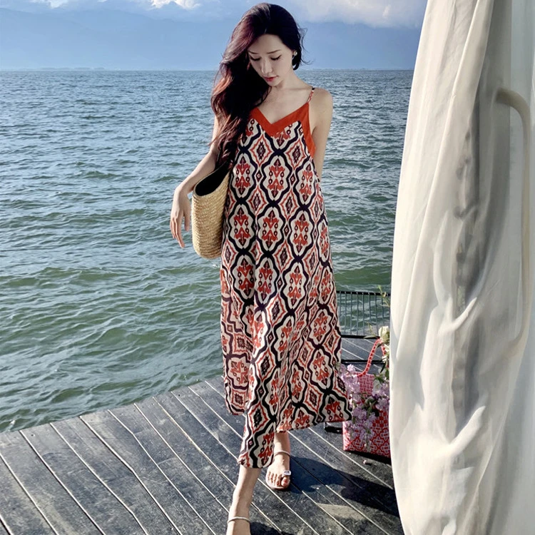 实拍2023夏季新款民族风印花波西米亚雪纺连衣裙长裙度假沙滩裙