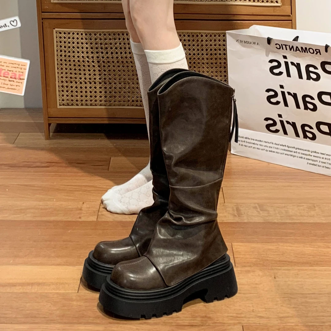 长筒靴女款2025早春秋新款英伦风百搭配裙子春秋厚底高筒裤管靴