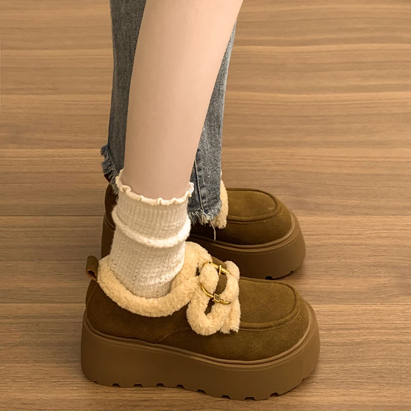 南在南方法式复古加绒厚底毛毛鞋女款2024新款冬季全包勃肯棉鞋子