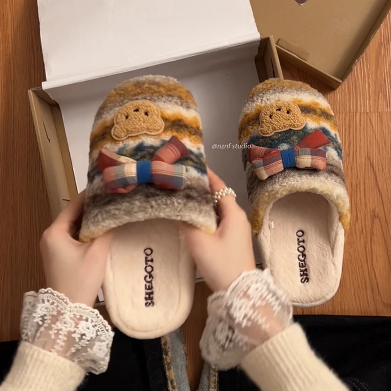 可爱蝴蝶结加绒加厚厚底毛毛拖鞋女外穿2024新款秋冬增高包头棉拖