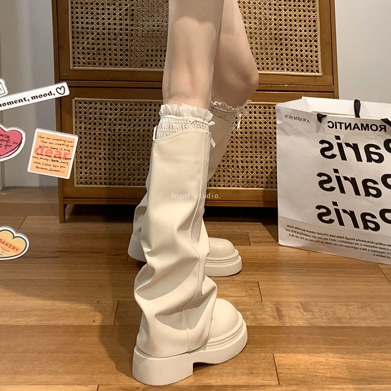 白色美式复古粗跟厚底长筒靴女2025新款春秋增高显瘦炸街裤管靴子