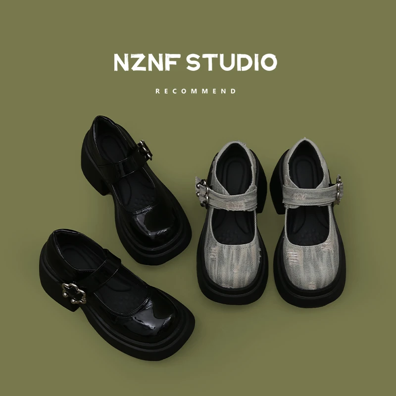 南在南方黑色小皮鞋女2025新款春秋百搭休闲小个子粗跟厚底乐福鞋