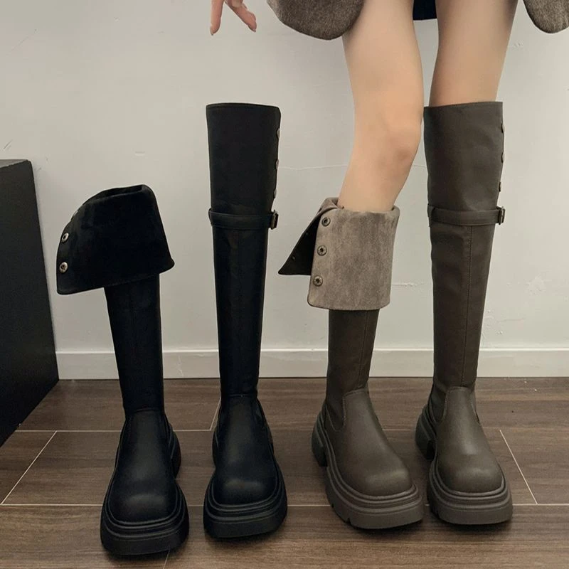 南在南方法式显瘦过膝厚底靴子女长筒靴2025新款春秋复古高筒长靴