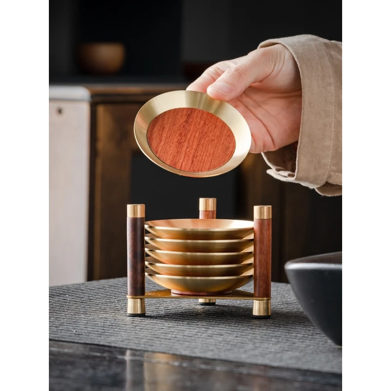 高档铜木茶杯垫轻奢创意新中式实木茶垫隔热茶杯托木质杯垫茶道