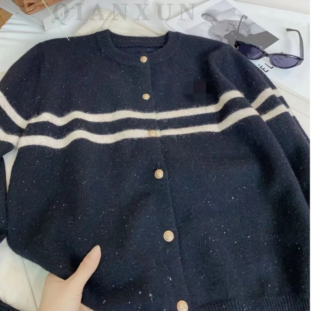 秋冬百搭宽松休闲厚款双条纹针织开衫