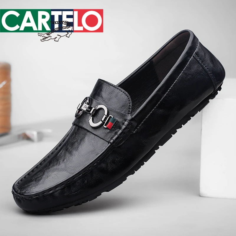 CARTELO/卡帝乐鳄鱼男鞋夏季透气清凉真皮鞋豆豆鞋时尚百搭驾车鞋