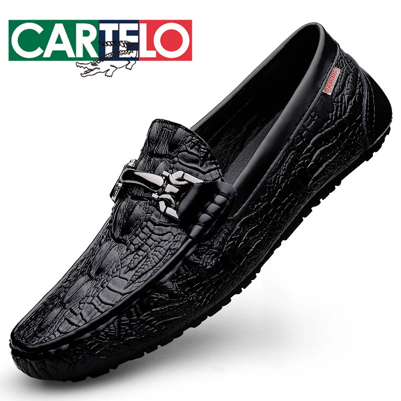 CARTELO/卡帝乐鳄鱼豆豆鞋男真皮透气鳄鱼纹压花时尚休闲潮流百搭