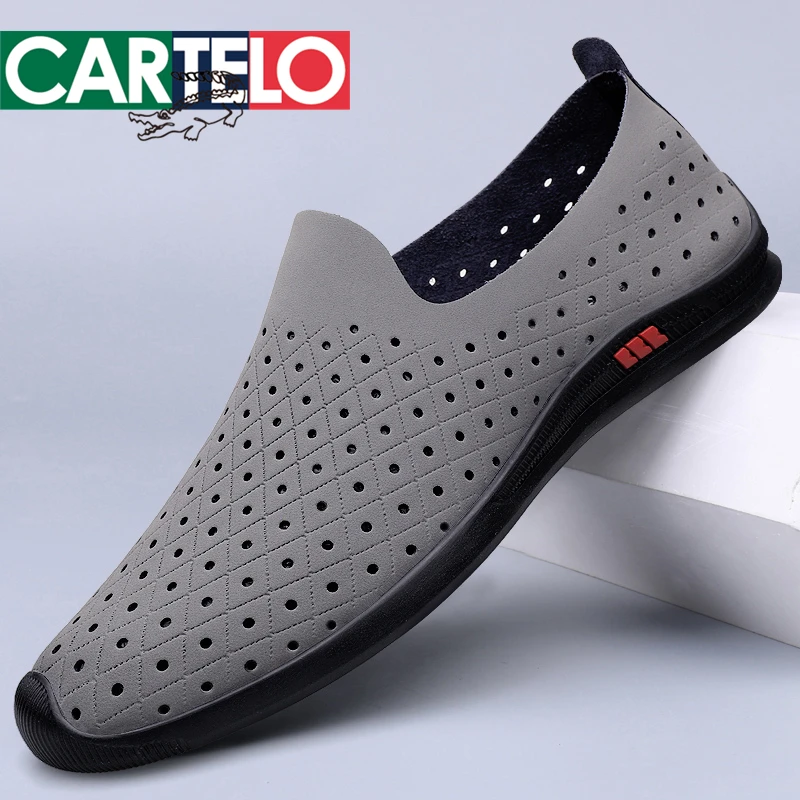 CARTELO/卡帝乐鳄鱼夏季镂空洞洞软底皮鞋男真皮透气男士豆豆皮鞋