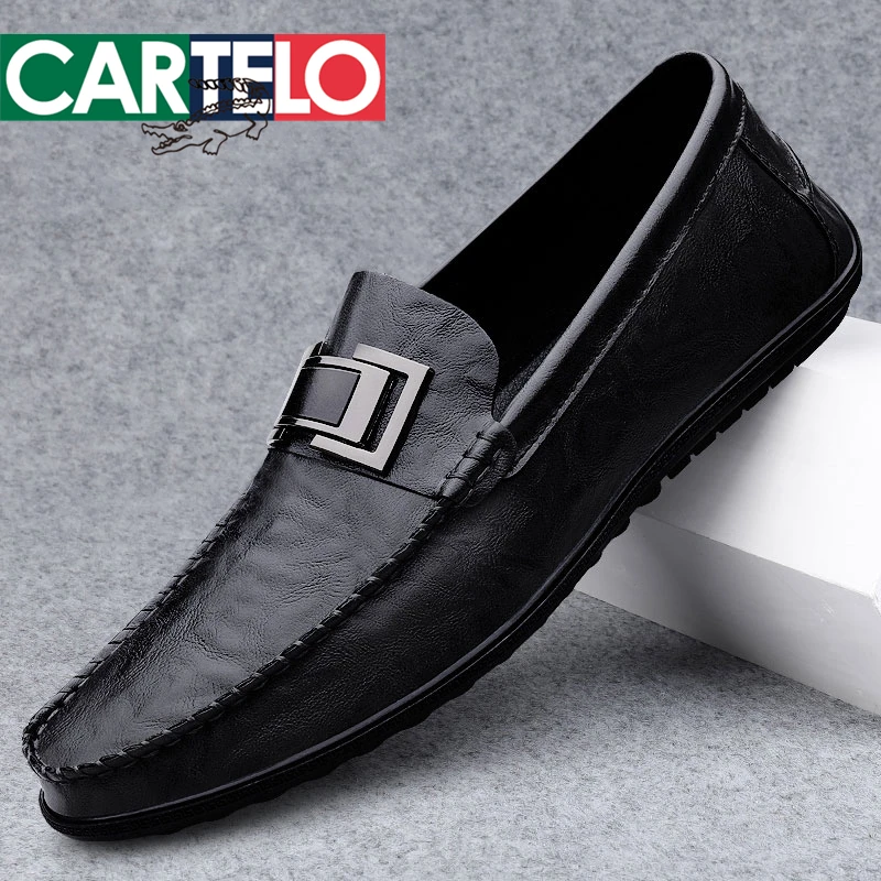 CARTELO/卡帝乐鳄鱼男士休闲皮鞋真皮透气软底百搭豆豆鞋男一脚蹬