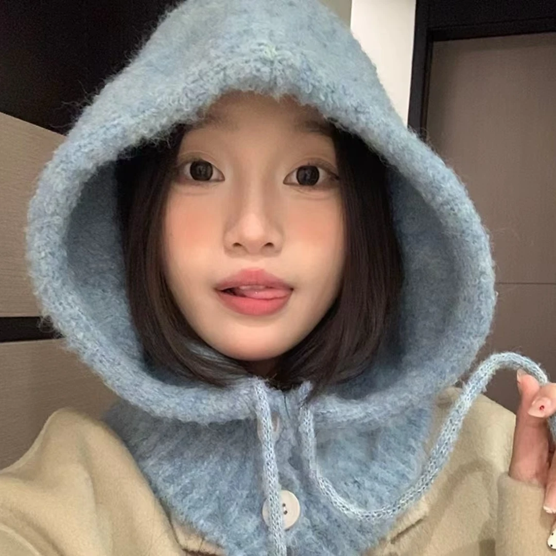 韩系秋冬巴拉克拉法帽大头围针织连帽围脖披肩一体保暖护耳毛线帽