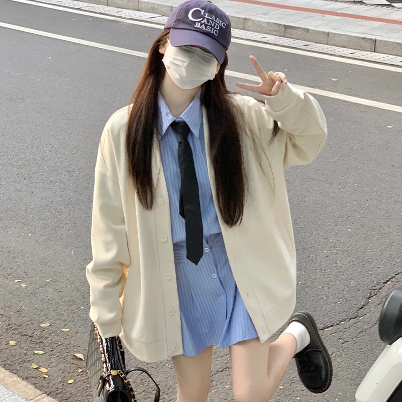 奶白色v领针织外套春款外套女款2025新款爆款chic秋冬学院风卫衣