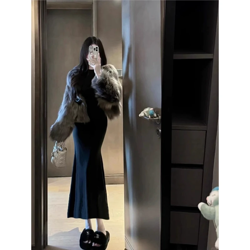 黑色过年鱼尾连衣裙穿搭女秋冬修身包臀裙步步生莲长裙内搭小个子