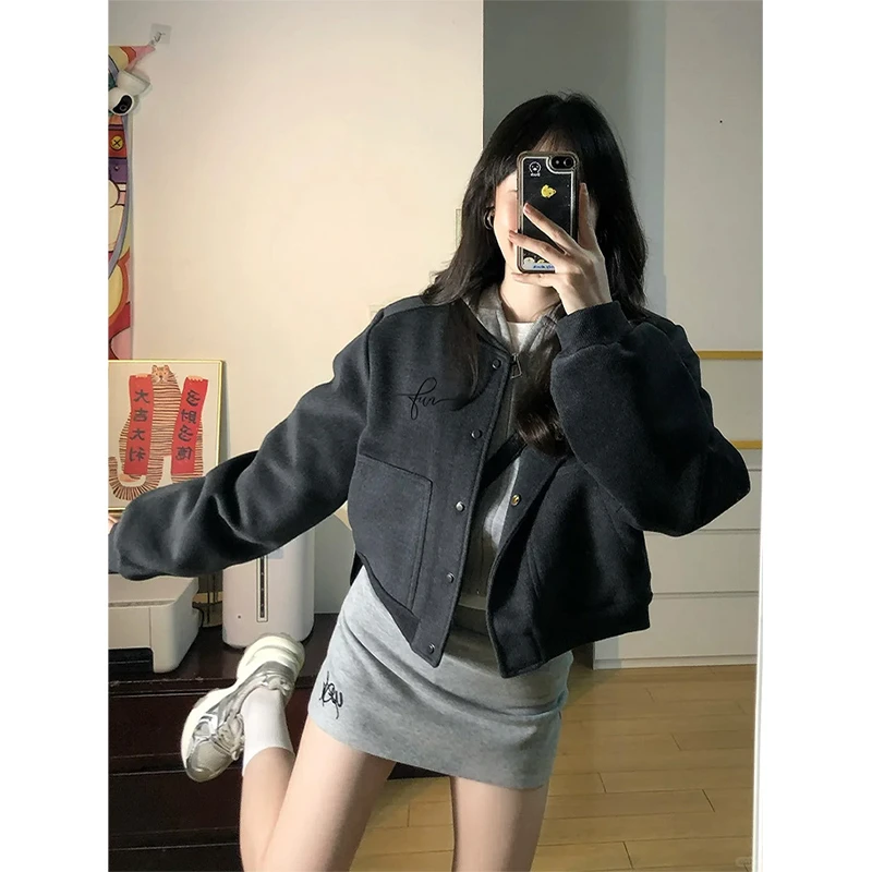 春秋冬款毛呢短款棒球服领正肩外套女韩系早春穿搭小个子开春加厚