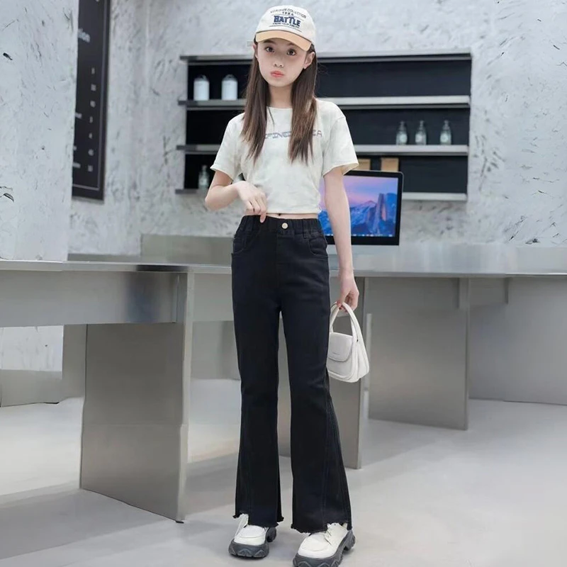 时尚百搭微喇牛仔裤2025款女童中大童高腰显瘦阔腿拖地马蹄裤潮版