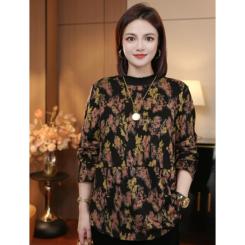 早春新款洋气百搭一体绒长袖显瘦印花时尚小衫宽松中老年女装