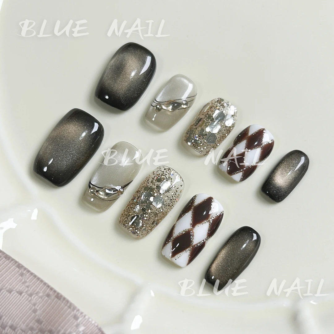 【摩卡慕斯】叁叁手工穿戴甲气质温柔冷棕格纹小香风轻熟显白