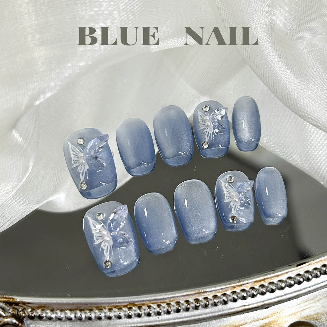 【晶蝶】-BLUENAIL-手工穿戴甲可反复穿戴冰透蓝立体蝴蝶小众款