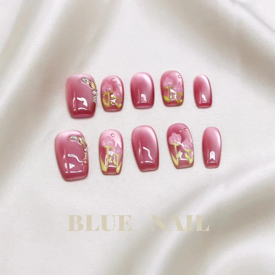 【郁金香】蓝珊手工穿戴甲可反复穿戴粉色水润缎面猫光手绘郁金香