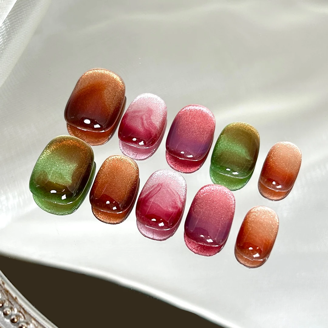 【霓虹甜心】蓝珊手工穿戴甲水果糖琉璃晕染彩色猫眼高级显白爆款