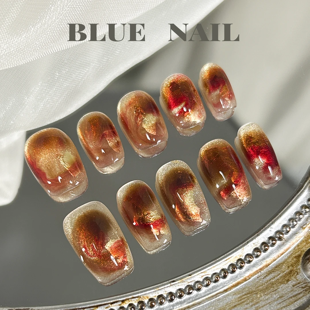 【英仙座】蓝珊手工穿戴甲星云元素金箔封层金棕红晕染星闪追光猫眼