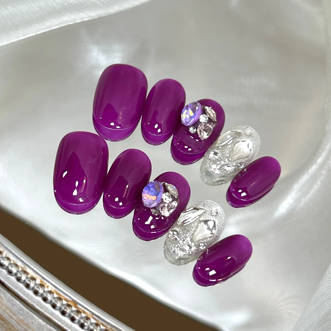 【韵味紫】蓝珊手工穿戴甲氛围感紫色爆闪贴钻纯色显白韵味气质简约