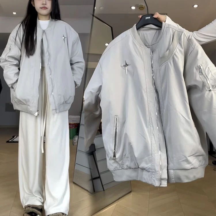 美式高街夹棉加厚飞行员夹克女潮牌情侣棒球服棉衣ins棉服外套