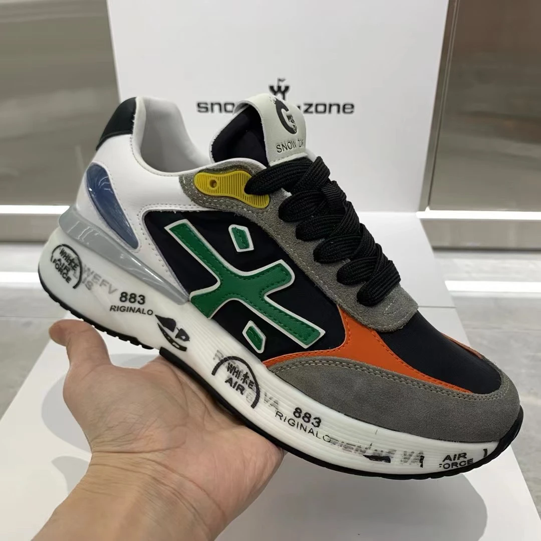 欧洲站男鞋24秋季新款牛皮冰丝面料拼接透气休闲鞋超轻厚底运动鞋