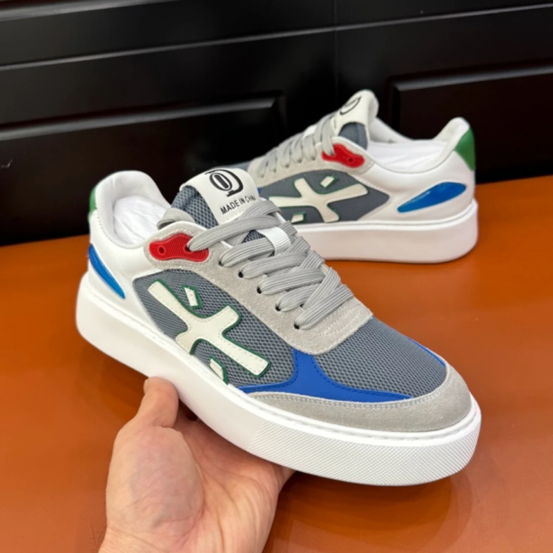 欧洲站2024春季新款牛皮网面拼接时尚透气男鞋软底舒适百搭潮板鞋