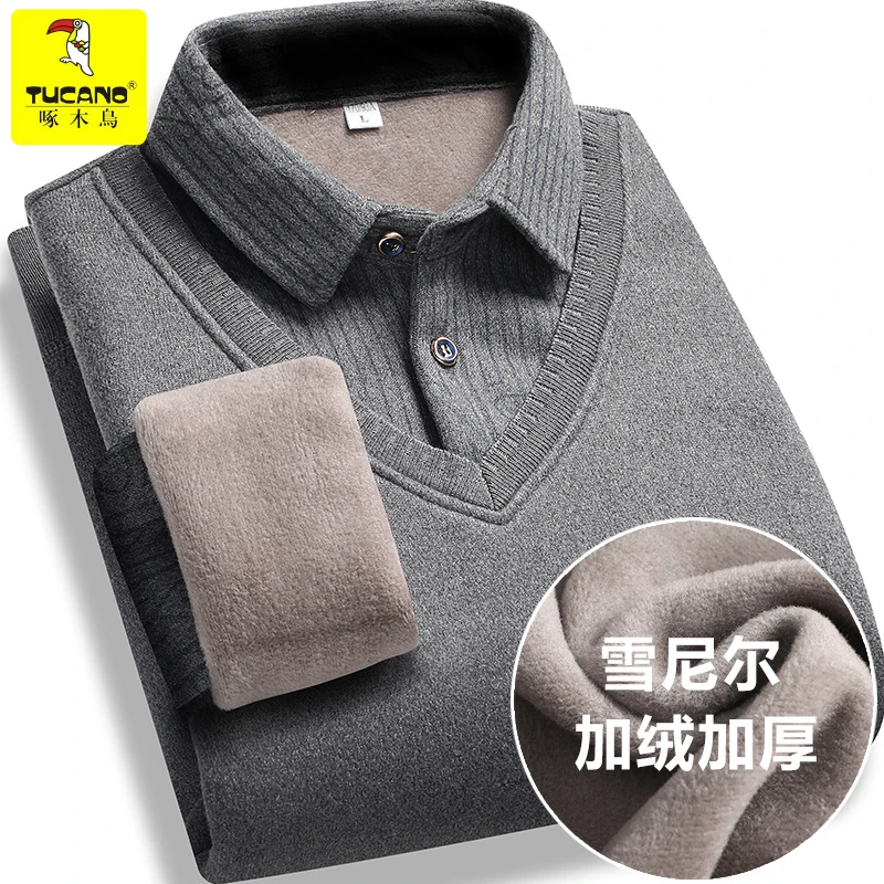 啄木鸟秋冬【加绒加厚】男士T恤中老年长袖假两件打底衫商务针织衫