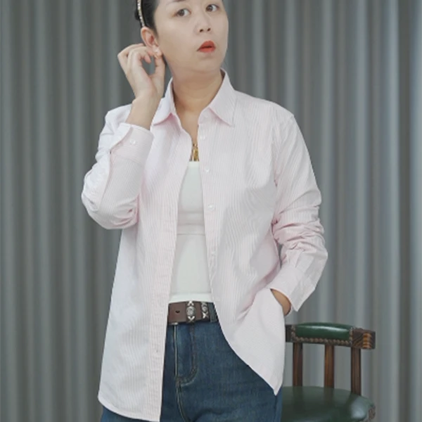 Huangxiaoqi Cowboy春秋条纹衬衫女纯棉牛津纺休闲打底上衣8942