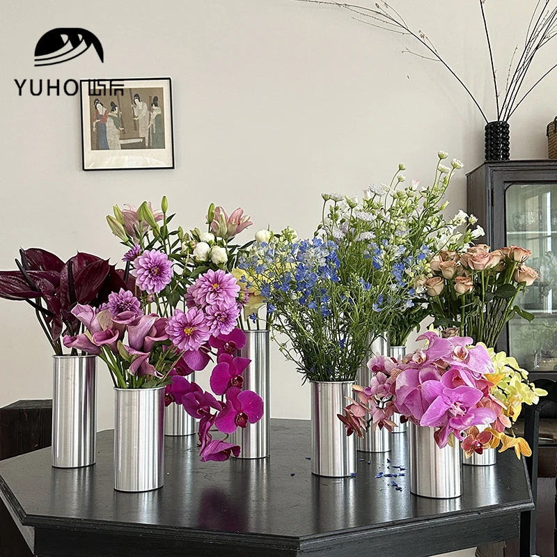 屿后 直筒铝桶鲜花养花不锈钢花桶花店插花桌面花瓶摆件花艺材料