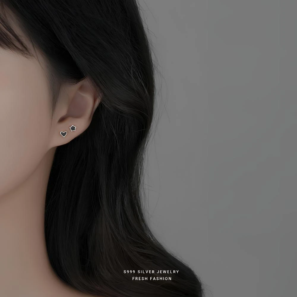 足银耳饰足银耳饰足银耳饰银耳钉纯银黑色耳环防过敏新款耳骨钉