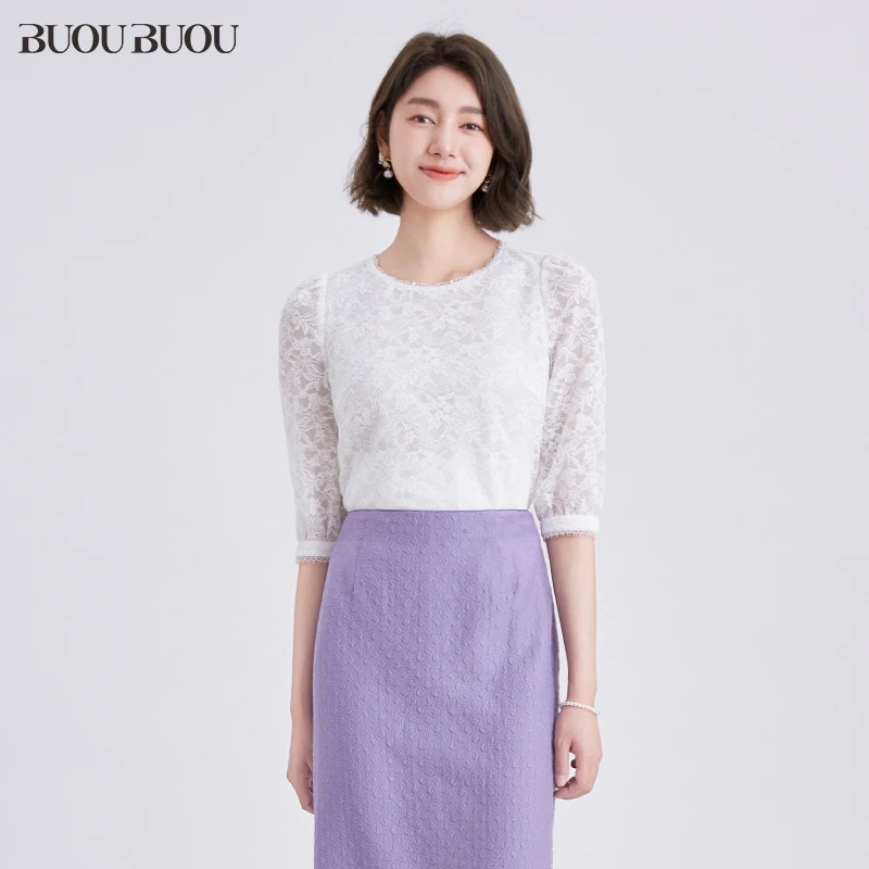 BuouBuou24春季法式宫廷风泡泡袖蕾丝上衣女DJ1A025