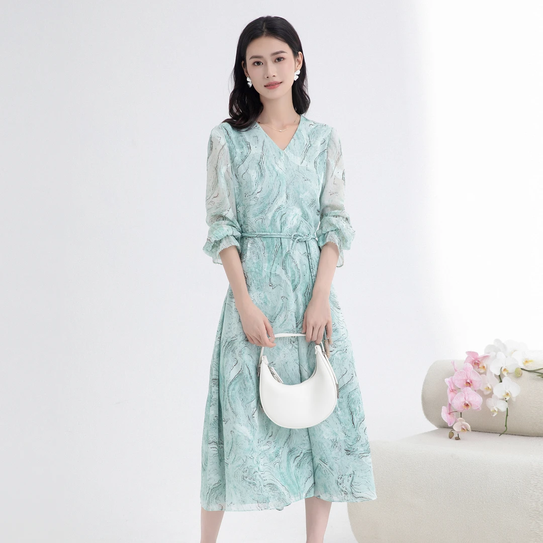 BuouBuou商场同款显瘦绿色碎花法式连衣裙BJ3G206