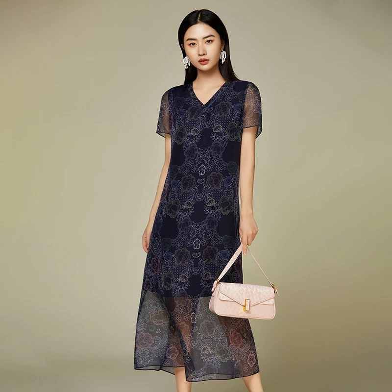 BuouBuou高端气质收腰印花V领连衣裙BJ2G415