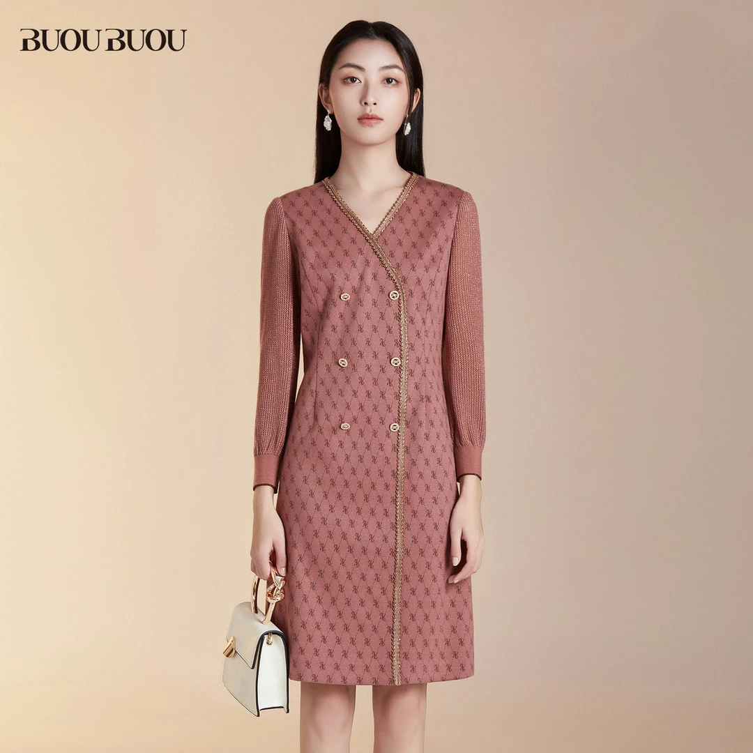 【粉丝福利】BuouBuou商场同款新款时尚优雅V领显瘦连衣裙女BJ1G003