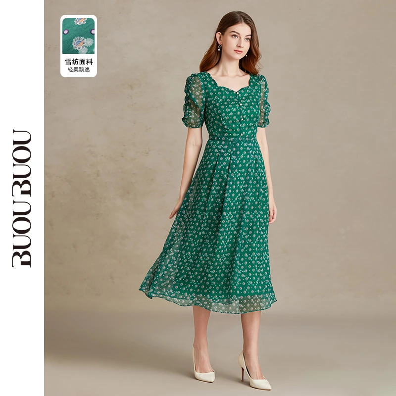 【粉丝专享】BuouBuou碎花方领高腰收腰雪纺连衣裙DJ2G001长款