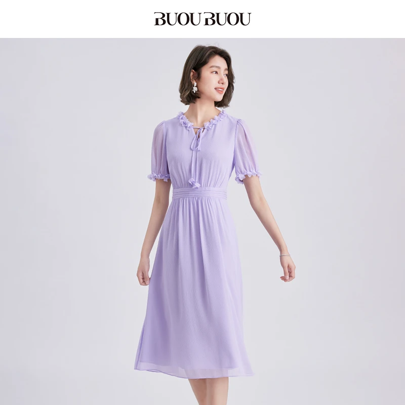 【粉丝专享】BuouBuou气质显瘦浪漫立体花边短袖连衣裙女DKCG134