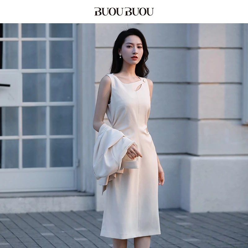 BuouBuou商场同款法式无袖不规则抽褶连衣裙女BKCG119