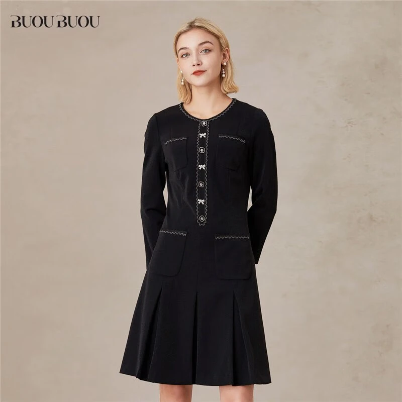 BuouBuou法式钉珠链条花边圆领连衣裙BH4G093