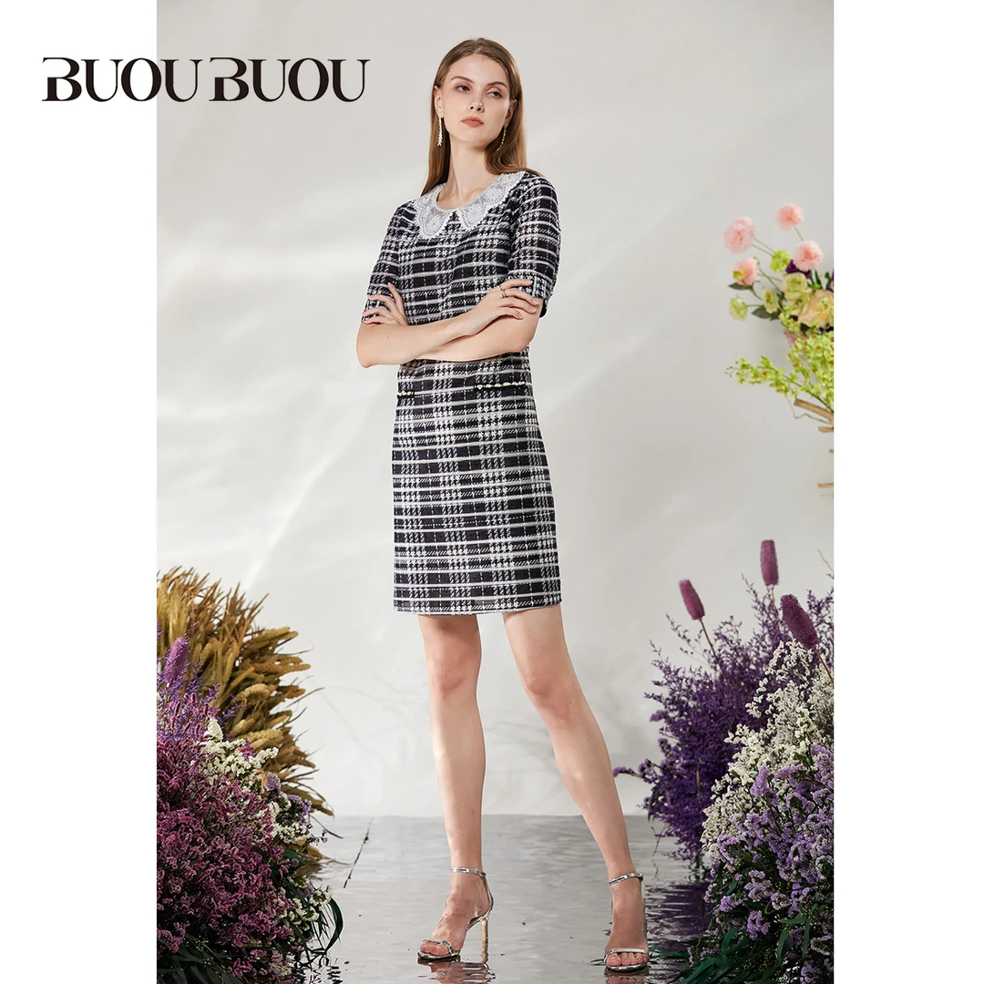 BuouBuou时尚气质复古小香风格子深蓝连衣裙BH2G044