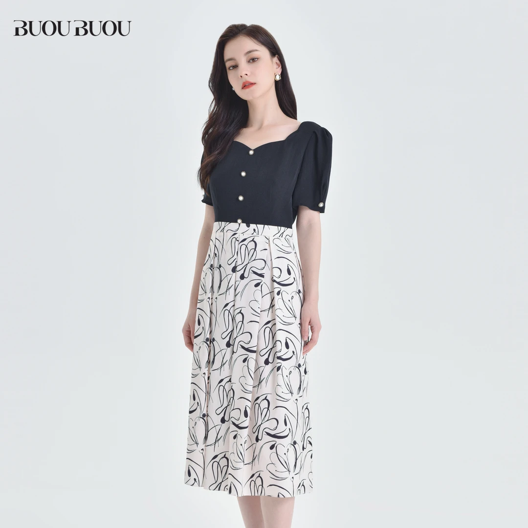 【粉丝专属】BuouBuou印花莱赛尔天丝方领假两件连衣裙DJ2G089