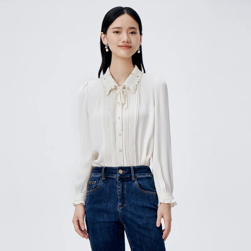 BuouBuou新款洋气百搭女装优雅珍珠雪纺刺绣衬衫上衣女DKFA005