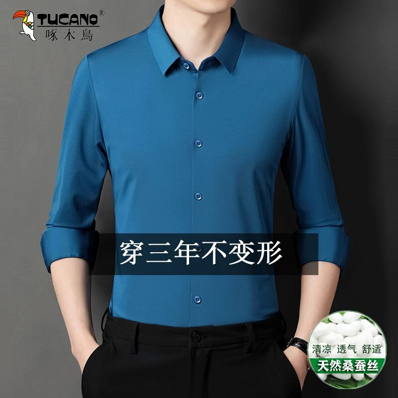 啄木鸟桑蚕丝男士长袖衬衫春秋新款中年无痕免烫高级感真丝衬衣男